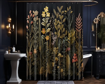 Moody Goblincore Eclectic Maximalist Bathroom Black Botanical Shower Curtain Dark Academia Cottagecore Vintage Apothecary Herbs & Plants