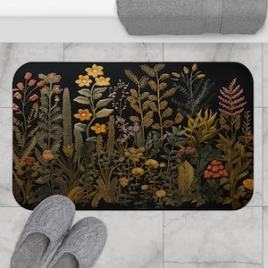 Donkere bloemen badmat Cottagecore gotische badkamer Witchy tapijt antislip sneldrogend botanisch zwart planten eclectisch maximalist vintage apotheker