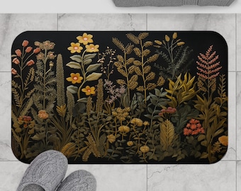 Badematte Dunkelblüm: Cottagecore Botanischer Teppich im Badezimmer