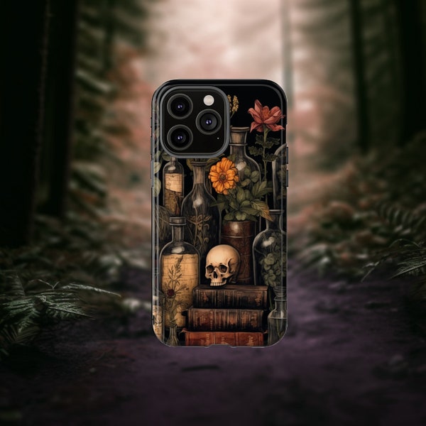 Cottagecore Dark Floral Phone Case Skeleton Potions Forest Cover Cute Whitchy Black Whimsical Nature Leaves iPhone Pixel Samsung MagSafe