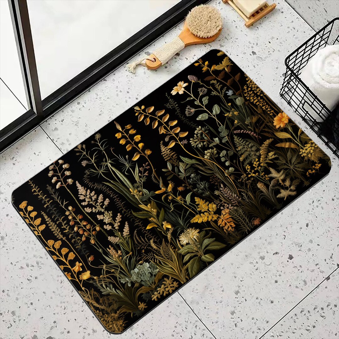 Dark Floral Bath Mat Cottagecore Bathroom Rug Non Slip Quick Dry