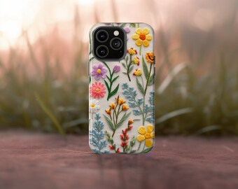 Capa de celular com estampa floral Cottagecore: capa com flores silvestres bordadas em 3D