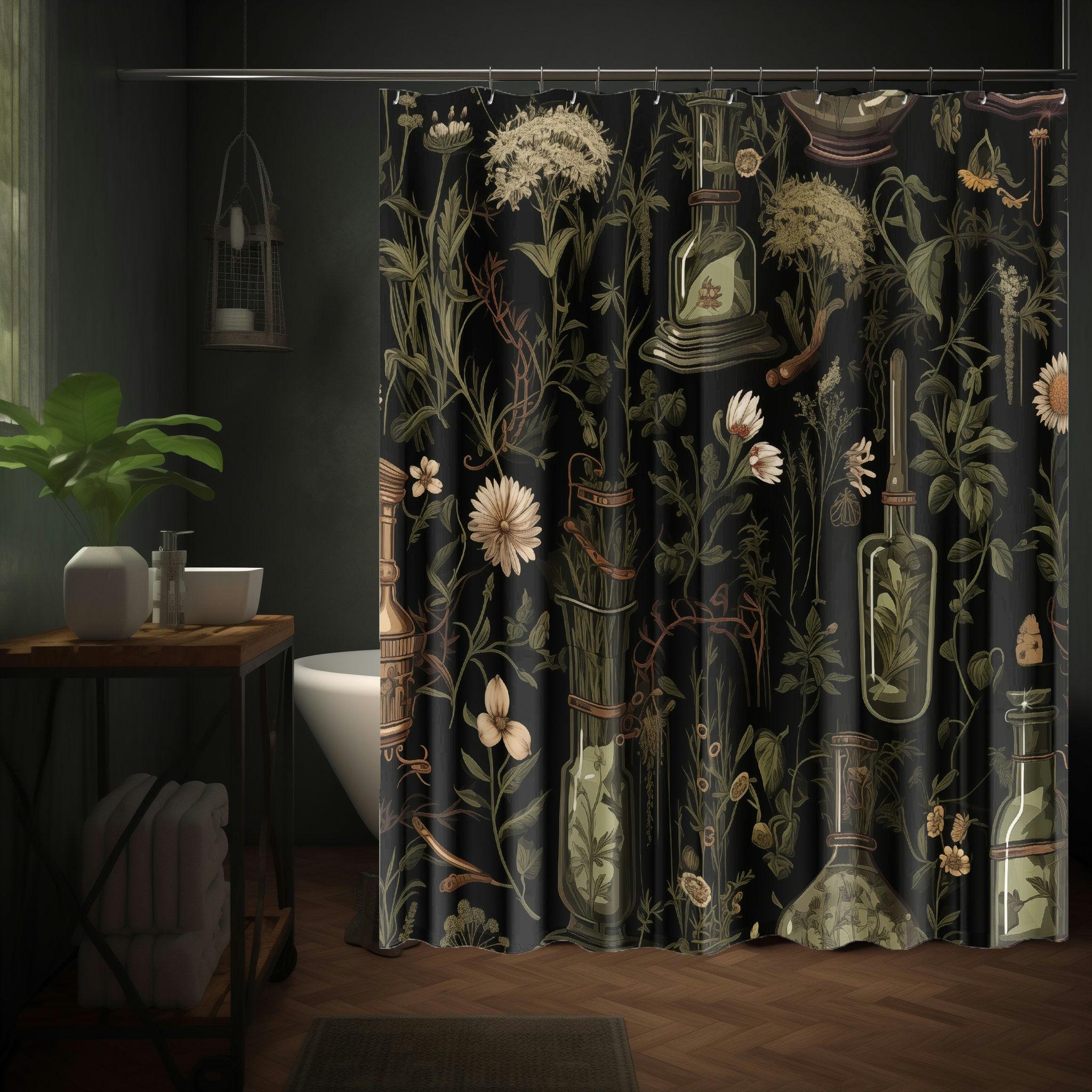 Dark Academia Cottagecore Shower Curtain Goblincore Vintage Apothecary Herbs Plants Moody Décor Eclectic Bathroom Maximalist Botanical