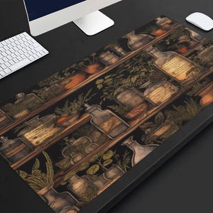May include: A dark brown wooden shelf with rows of glass bottles filled with various liquids. The bottles have handwritten labels and are surrounded by green plants. The shelf is set against a black background.