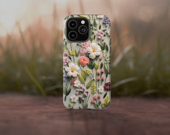 Capa de celular com estampa floral Cottagecore: capa com flores silvestres bordadas em 3D