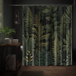 May include: A black shower curtain with a botanical print featuring green and gold ferns. The print is a vintage style illustration.