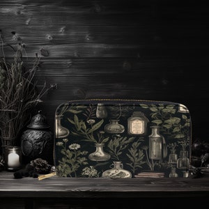 Petit portefeuille en cuir végétalien foncé Cottagecore Witchy Forestcore botanique fantaisie gothique compact porte-cartes de crédit organisateur Sac à main nature