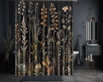 Moody Goblincore Black Botanical Shower Curtain Cottagecore  Dark Academia Vintage Apothecary Herbs & Plants Eclectic Maximalist Bathroom