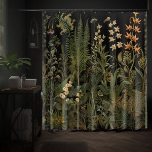 Moody Goblincore Black Botanical Shower Curtain Cottagecore  Dark Academia Vintage Apothecary Herbs & Plants Eclectic Maximalist Bathroom