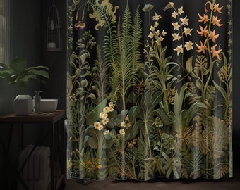 Moody Goblincore Black Botanical Shower Curtain Cottagecore  Dark Academia Vintage Apothecary Herbs & Plants Eclectic Maximalist Bathroom