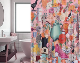 Spring Floral Collage Shower Curtain: Pastel Pink Bathroom Decor