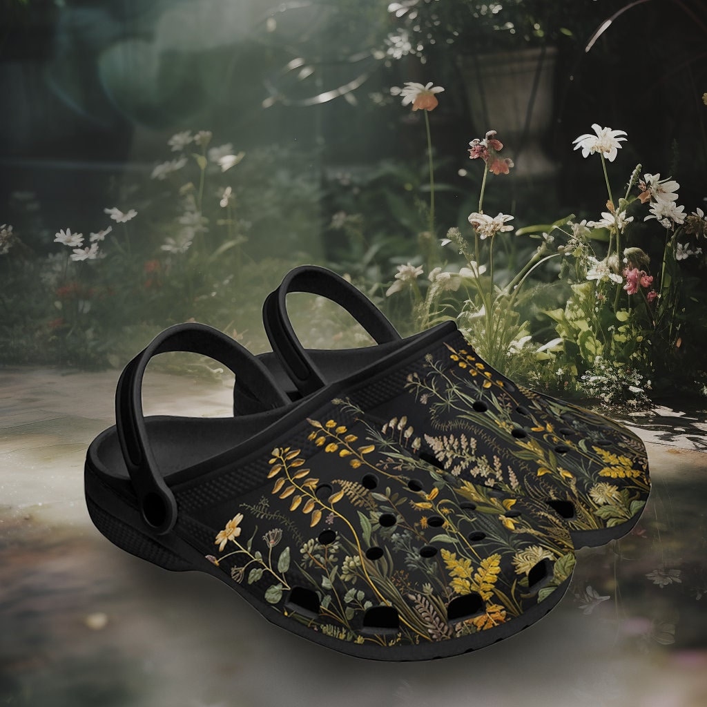 Cottagecore Gardener Shoes Moody Goblincore Black Botanical Clogs Shoes Dark Academia Vintage Apothecary Herbs & Plants Eclectic Maximalist