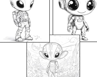 Leuke digitale download voor Alien Kids, set van 3 kleurpagina's. Downloadbaar zip-bestand van 3 unieke lijntekeningen van 1024 x 1024 .png kleurplaten.