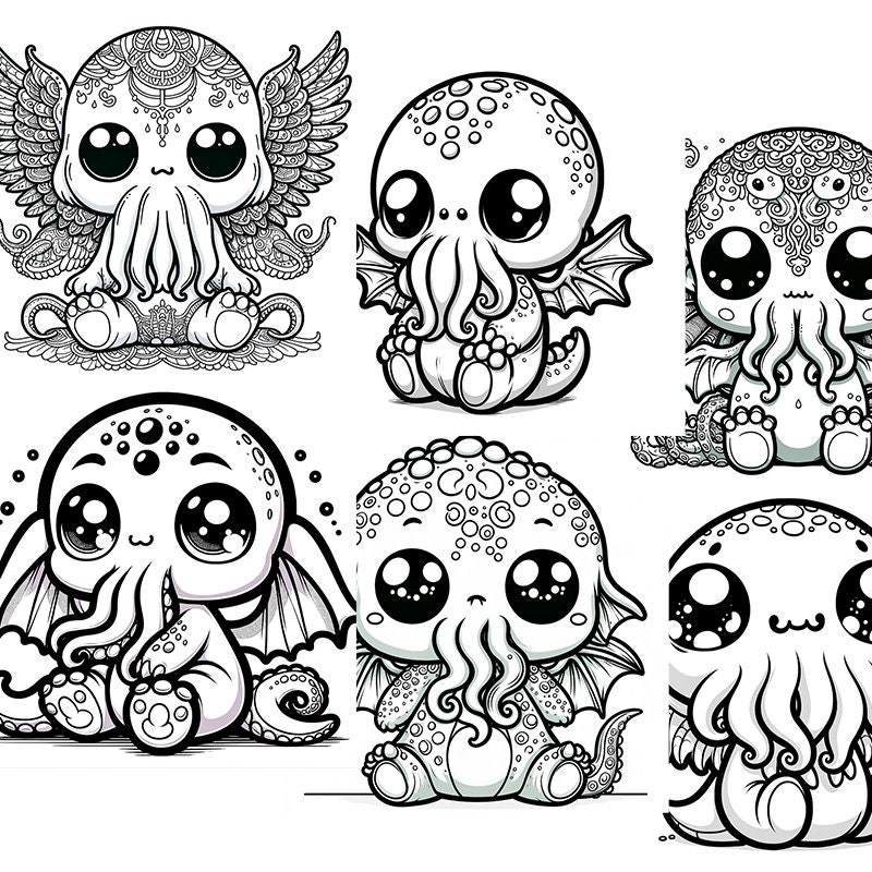 Baby Cthulhu Digital Download 6er Pack Ausmalbilder. Herunterladbare .zip Datei mit 6 schwarzen & weißen Line Art 1024x1024 .png Malvorlagen