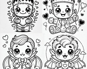 Baby Frankenstein & Dracula Valentine digitale download 4-pack kleurpagina's. zipbestand van 4 unieke 1024 x 1024 .png kleurplaten