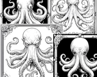Viktorianischer Stil Cthulhu Digitaler Download 4er-Pack Malseiten. Herunterladbare .zip Datei mit 4 Line Art 1024x1024 .png Malvorlagen
