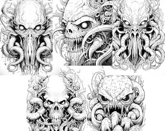 Chilling Lovecraftian Dagon Digital Download 5er-Pack Malseiten für Erwachsene. Download von 5 einzigartigen black & white line art .png Ausmalseiten.