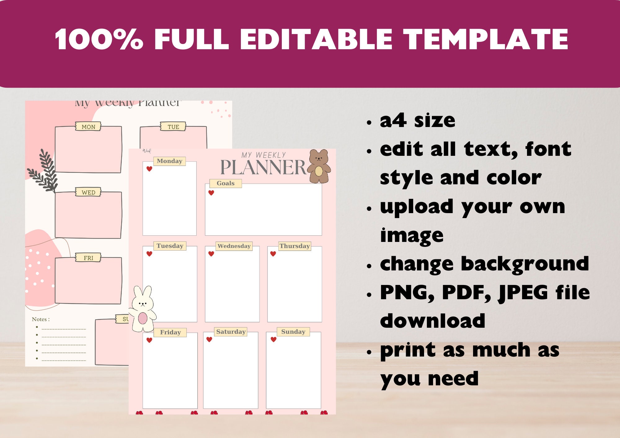 Editable printable weekly planner week to do list weekly etsy