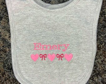 Hearts and Bows Baby Bib, Personalized Baby Bib, Custom Baby Bib, Baby Shower Gift, Baby Girl Bib, Baby Boy Bib, Baby Gift