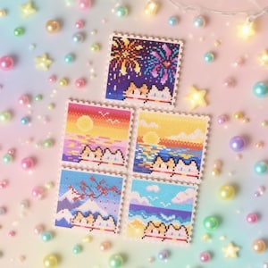 May include: Five colourful, pixelated art stamps depicting landscapes such as fireworks, sunsets, and mountains. The stamps are surrounded by pastel-coloured beads and star-shaped lights, creating a whimsical and artistic display.