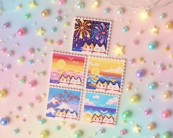 May include: Five colorful, pixelated art stamps featuring various landscape scenes, including fireworks, sunsets, and mountains. The stamps are surrounded by pastel-colored beads and star-shaped lights, creating a whimsical and artistic display.