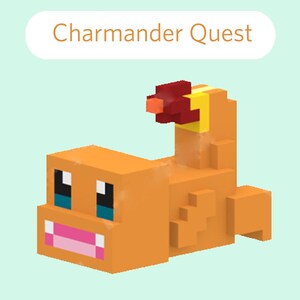 May include: A pixelated orange and yellow Charmander, a Pokemon character, with a red flame tail. The character is in a 3D block style.