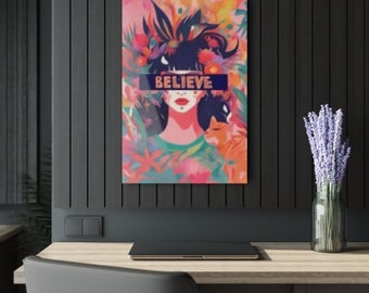 Believe Pink Lady Portrait Flower Acrylic Prints Retro Frame Modern Art Fashion Illustration Game Room Office Hotel Lobby Lounge Basement