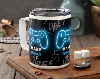 Gamer Mug, PS5, controller Game lover, serious gammer player Make today Epic Insulated Coffee Mug, 10oz Gaming Travel Mug