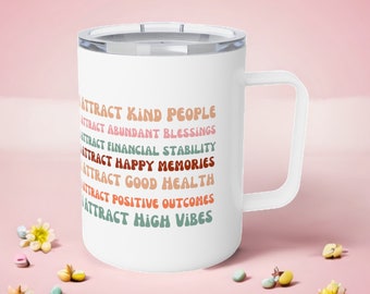 Affirmations reminder mug with cover I attract Sentence Insulated Coffee Mug, 10oz