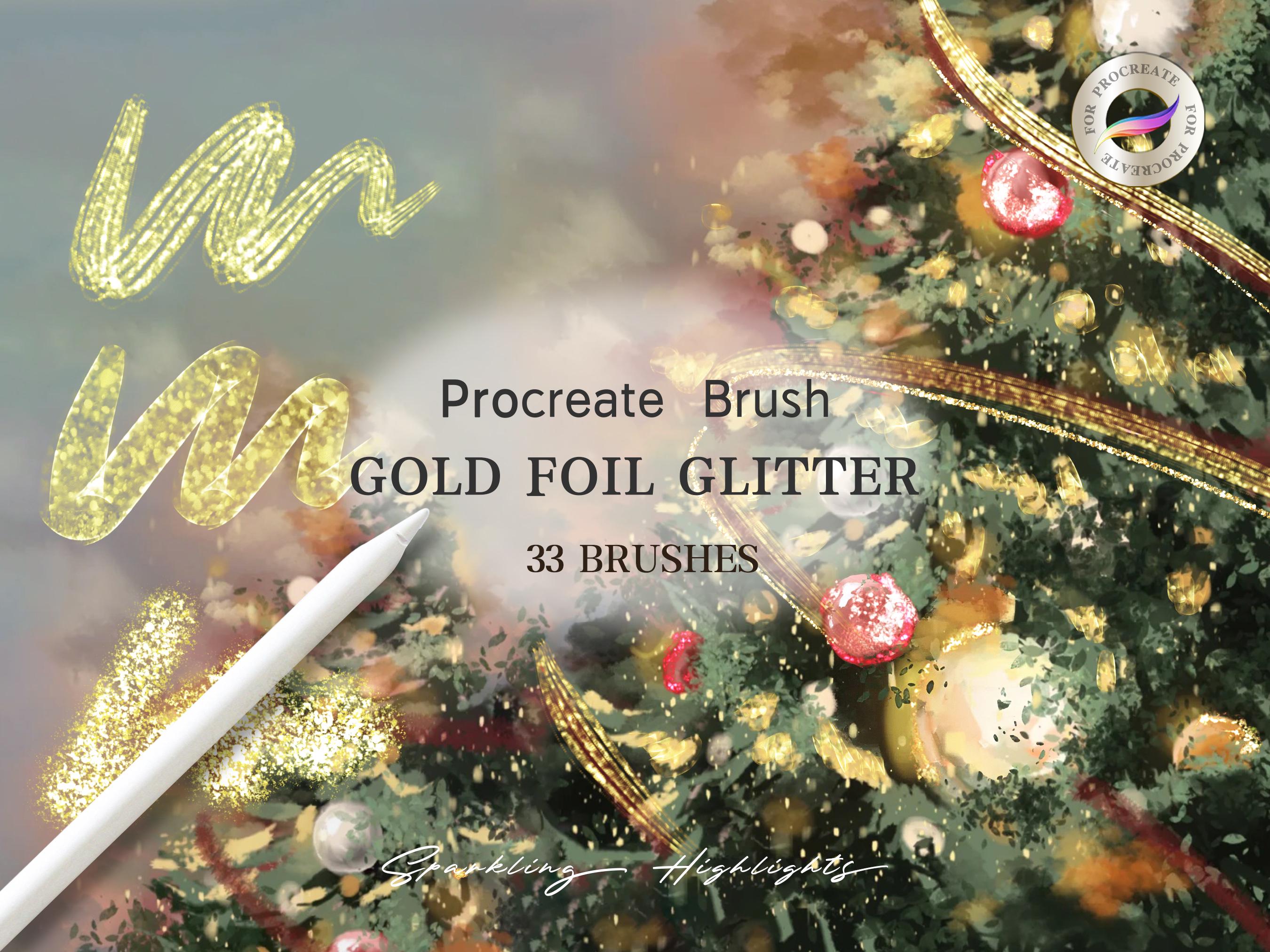 Gold Foil & Glitter Procreate Brush Set (33 Brushes) for iPad Art, Holiday Cards & Lettering