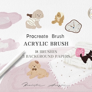 Puede incluir: Conjunto de pinceles Procreate con 18 pinceles y 3 papeles de fondo. La imagen presenta un lindo perro de dibujos animados, un sofá y un reloj. El texto "Procreate Brush Acrylic Brush" está escrito en una fuente estilizada.