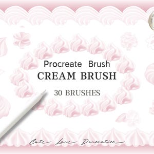 May include: Digital art brushes for Procreate, featuring a cream brush design. The image showcases various brush styles, including swirls and decorative elements, with the text "Cream Brush" and "30 Brushes". A white stylus is also present.