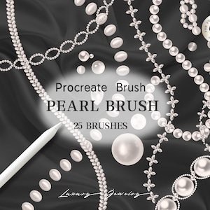 May include: A set of 25 Procreate pearl brushes for digital art. The brushes are designed to create realistic pearl effects, with different sizes and shapes. The image shows examples of the brushes in use, creating pearl necklaces, earrings, and other jewelry.