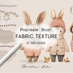 Puede incluir: Un conjunto de 27 pinceles de Procreate para crear texturas de tela realistas. Los pinceles están diseñados para crear una variedad de texturas, incluyendo punto, tejido y piel. La imagen muestra tres conejos lindos usando diferentes texturas de tela.