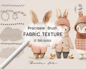 May include: A set of 27 Procreate brushes for creating realistic fabric textures. The brushes are designed to create a variety of textures, including knit, woven, and fur. The image shows three cute bunnies wearing different fabric textures.