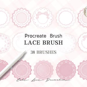 May include: A set of 38 Procreate lace brush designs. The brushes are pink and white and feature various lace patterns. The text "Procreate Brush Lace Brush 38 Brushes" is displayed in the center of the image. The text "Cute Lace Decoration" is displayed at the bottom of the image.