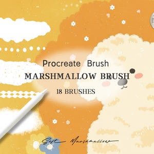 Könnte beinhalten: Eine digitale Illustration eines weißen, flauschigen Hundes mit einer rosa Nase und schwarzen Augen. Der Hintergrund ist ein gelber und orangefarbener Farbverlauf mit weißen Blumen und einer weißen Wolke. Der Text "Procreate Brush MARSHMALLOW BRUSH 18 BRUSHES" befindet sich in der Mitte des Bildes. Der Text "Soft Marshmallow" befindet sich in der unteren rechten Ecke des Bildes.