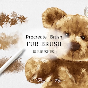 Puede incluir: Un conjunto de 18 pinceles de piel Procreate para arte digital. Los pinceles se muestran utilizados para crear una textura de piel realista en un oso de peluche marrón. El texto "Procreate Brush FUR BRUSH 18 BRUSHES" se muestra en la imagen.