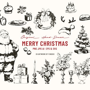 Christmas Clipart Bundle - 28 Hand-Drawn Illustrations - Santa, Trees, Gifts - Png Svg Eps - Instant Download - Holiday Decor and Crafts