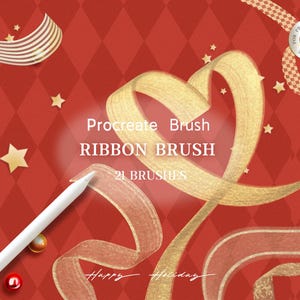 May include: A digital illustration of a gold ribbon with a heart shape on a red and white diamond pattern background. The text "Procreate Brush RIBBON BRUSH 21 BRUSHES" is in the centre of the image.