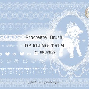 Peut inclure: Un ensemble d'actifs numériques comprenant 34 brosses Procreate intitulées DARLING TRIM. Le fond bleu clair affiche des motifs de dentelle blanche, des cœurs et un cadre ovale central contenant un agneau portant une couronne. Texte Procreate Brush.