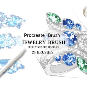 Può includere: Pennello Procreate: Pennello Gioielli, 24 pennelli per creare gioielli di forma libera. L'immagine mostra un primo piano di un anello d'argento con pietre preziose blu e verdi.