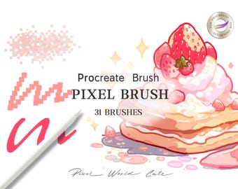 May include: A digital illustration of a Procreate brush set with 31 pixel brushes. The image features a pink and white dessert with strawberries and a pink and white background. The text "Procreate Brush Pixel Brush 31 Brushes" is displayed in the image.