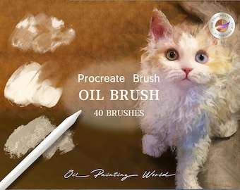 May include: A set of 40 Procreate oil paint brushes. The image shows a white stylus, a brown background, and a white cat with brown and blue eyes. The text "Procreate Brush OIL BRUSH 40 BRUSHES" is visible in the image.
