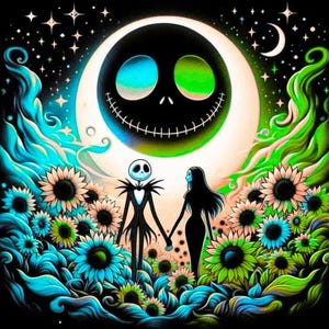 Puede incluir: Ilustraci&oacute;n digital de Jack Skellington y Sally de Pesadilla antes de Navidad, tomados de la mano en un campo de girasoles. Una gran luna con la cara de Jack est&aacute; en el fondo, rodeada de estrellas y una luna creciente. La paleta de colores incluye negro, azul, verde y blanco.