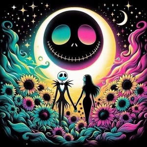Puede incluir: Ilustraci&oacute;n digital de Jack Skellington y Sally de Pesadilla antes de Navidad, tomados de la mano en un campo de girasoles. Una gran cara sonriente de Jack est&aacute; en la luna, con un cielo estrellado y remolinos coloridos.