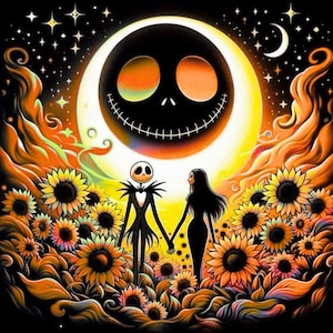 Puede incluir: Ilustraci&oacute;n digital de Jack Skellington y Sally de Pesadilla antes de Navidad, tomados de la mano en un campo de girasoles. El fondo incluye una luna sonriente, estrellas y elementos naranjas y amarillos arremolinados.