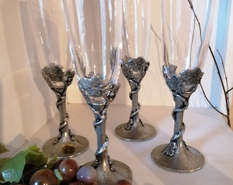 Royal Cristal Rock RCR champagne glass with pewter base 4 pieces grapevines