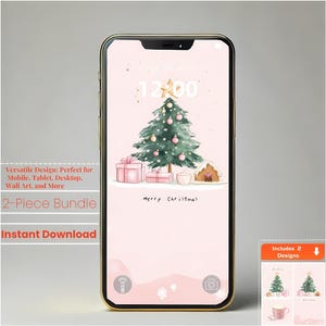Vintage Christmas Tree Wallpaper & Wall Art Bundle | Festive Watercolor Illustrations | Cozy Seasonal Decor and Instant Digital Download