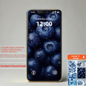Pakiet tapet i sztuki ściennej Fresh Blueberry | Grafika Blueberry Water Splash | Minimalistyczne nadruki z bliska do nowoczesnego wystroju domu i biura